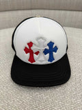 Triple Cross Patch Trucker Cap (Black&White w/ Red*Wht*Blue Crs) — Chrome Hearts