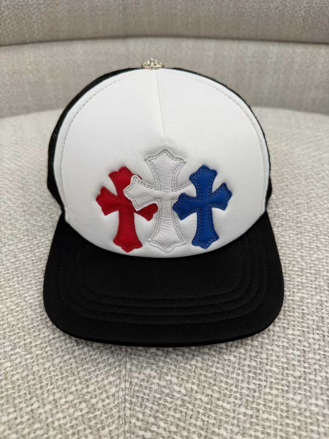 Triple Cross Patch Trucker Cap (Black&White w/ Red*Wht*Blue Crs)