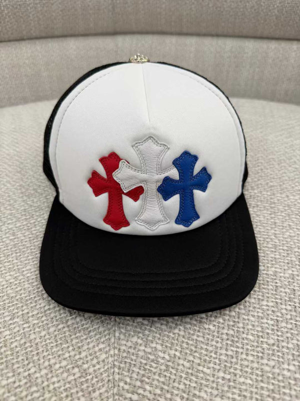 Triple Cross Patch Trucker Cap (Black&White w/ Red*Wht*Blue Crs)