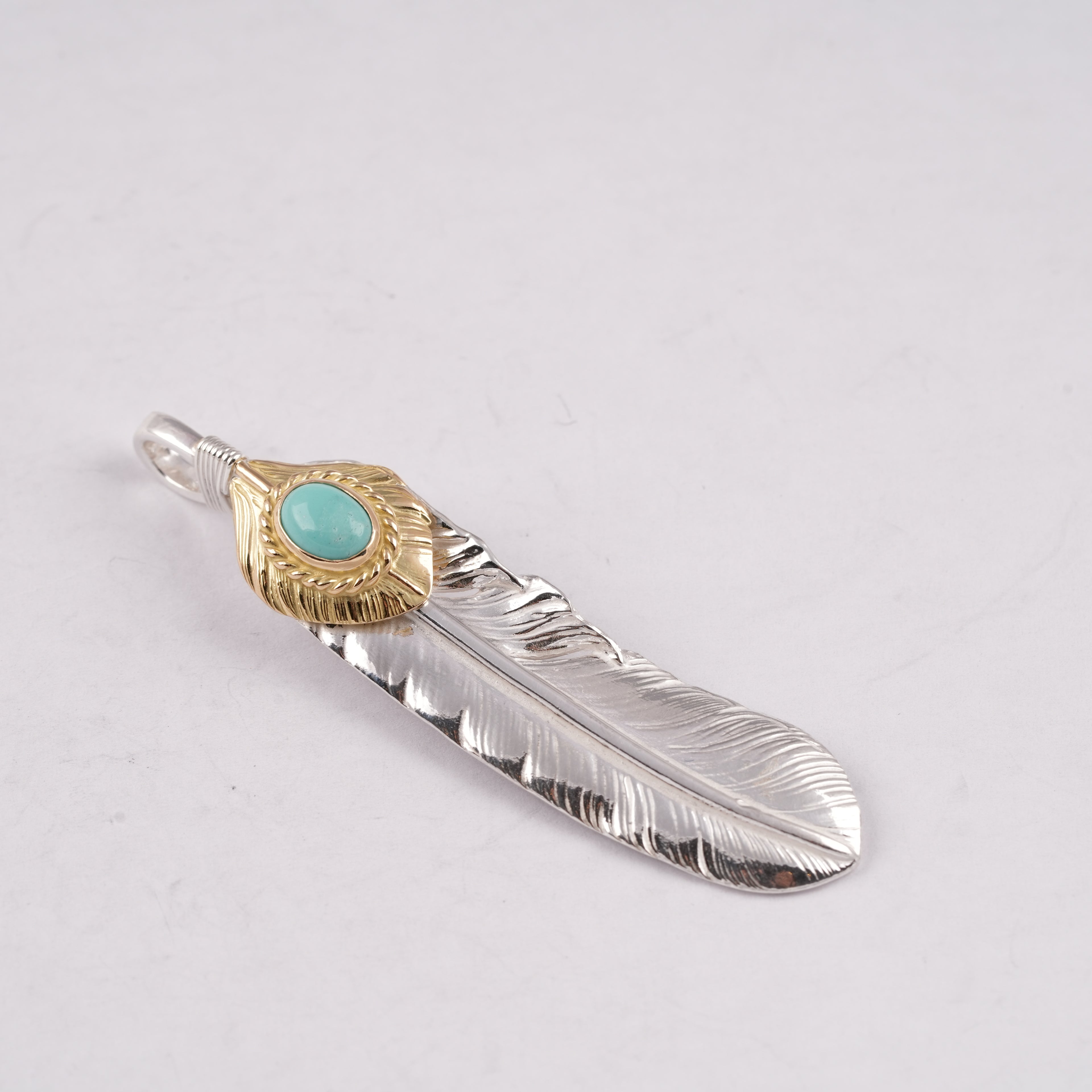 Gold Top & Rope-Bezel Turquoise Silver Feather (Left)(XL) #00169