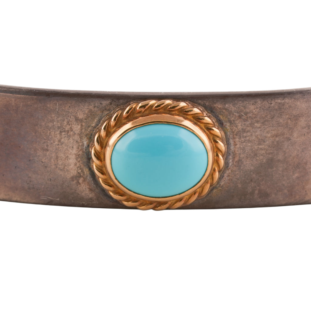 Gold Rope-Bezel Turquoise Flat Silver Cuff (M) (7inch)
