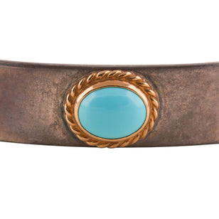 Gold Rope-Bezel Turquoise Flat Silver Cuff (M) (7inch)