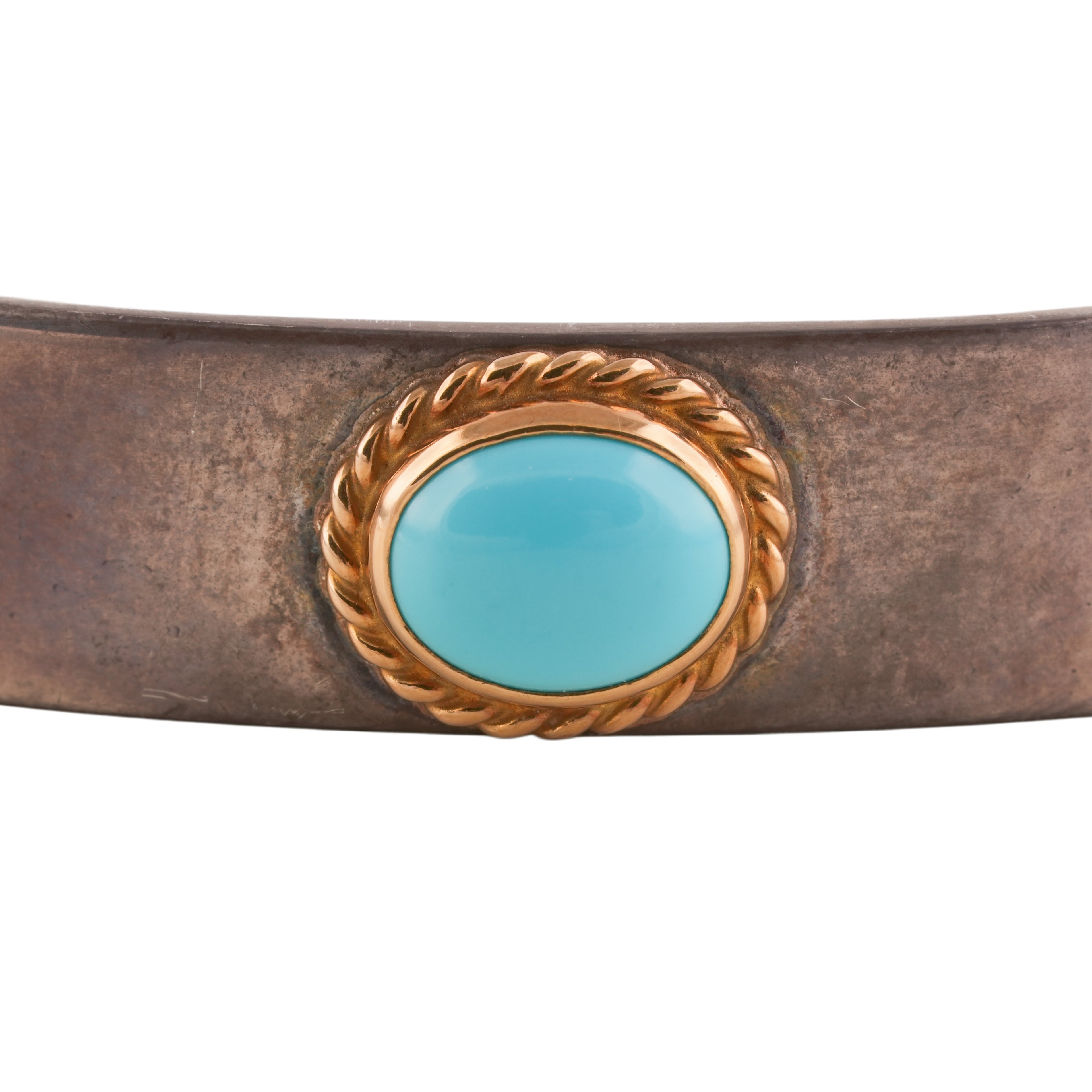 Gold Rope-Bezel Turquoise Flat Silver Cuff (M) (7inch)