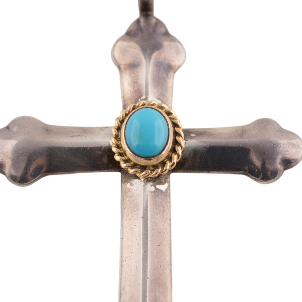 Small Gold Rope-Bezel Turquoise Silver Cross
