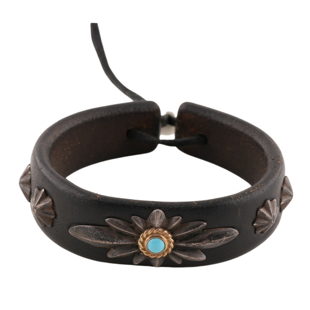 Gold Rope-Bezel Turquoise GC24 3-Concho Leather Bracelet