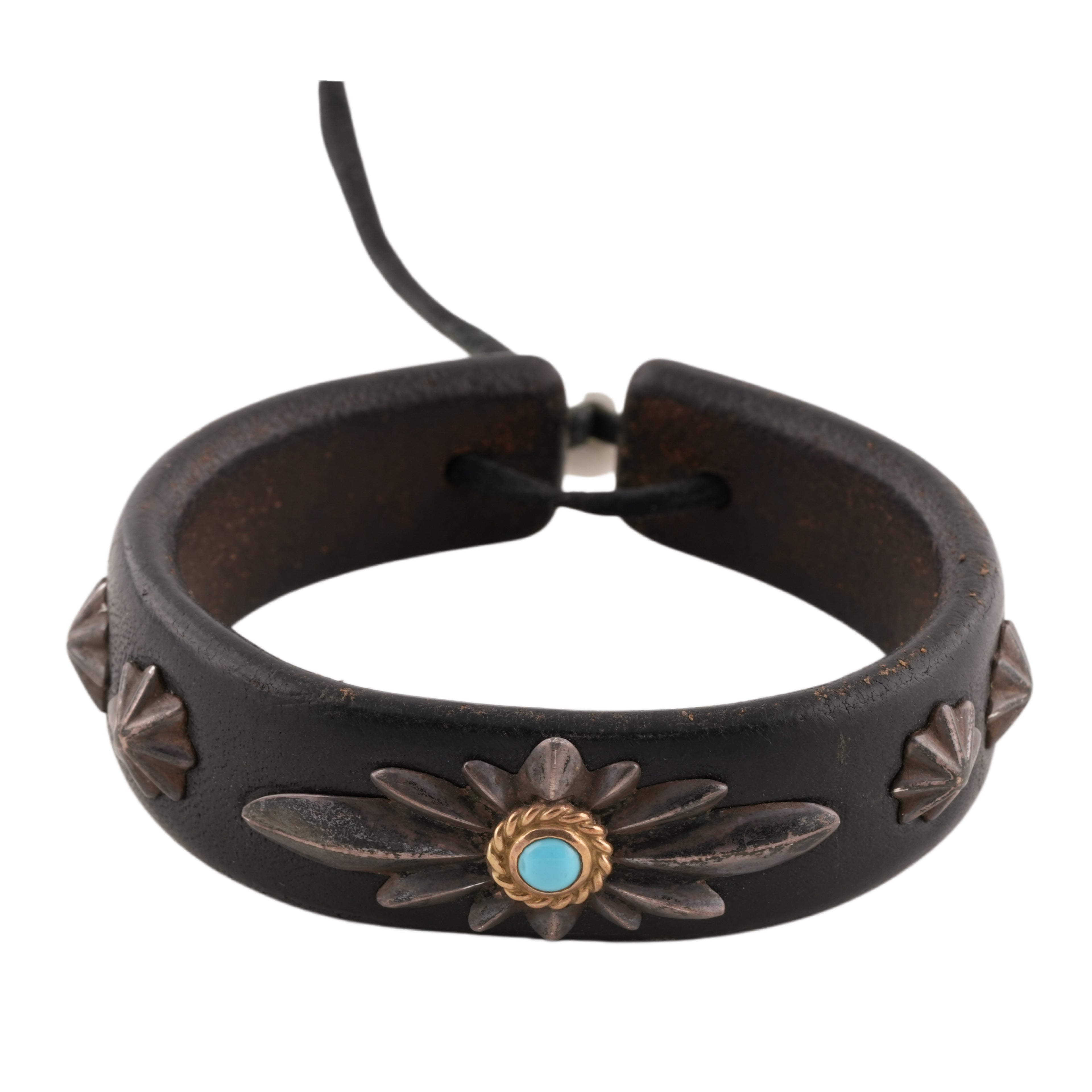 Gold Rope-Bezel Turquoise GC24 3-Concho Leather Bracelet