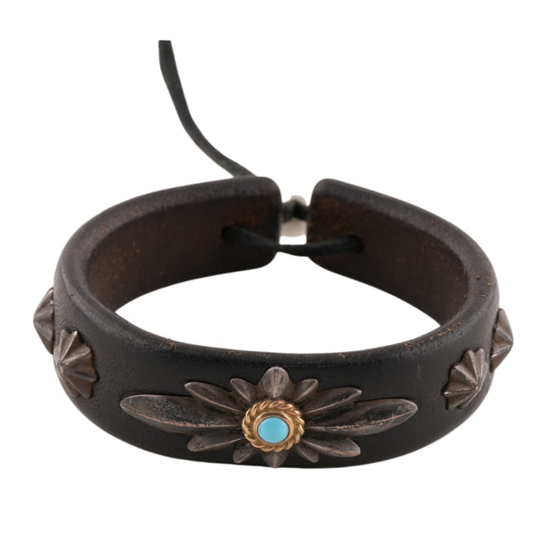 Gold Rope-Bezel Turquoise GC24 3-Concho Leather Bracelet
