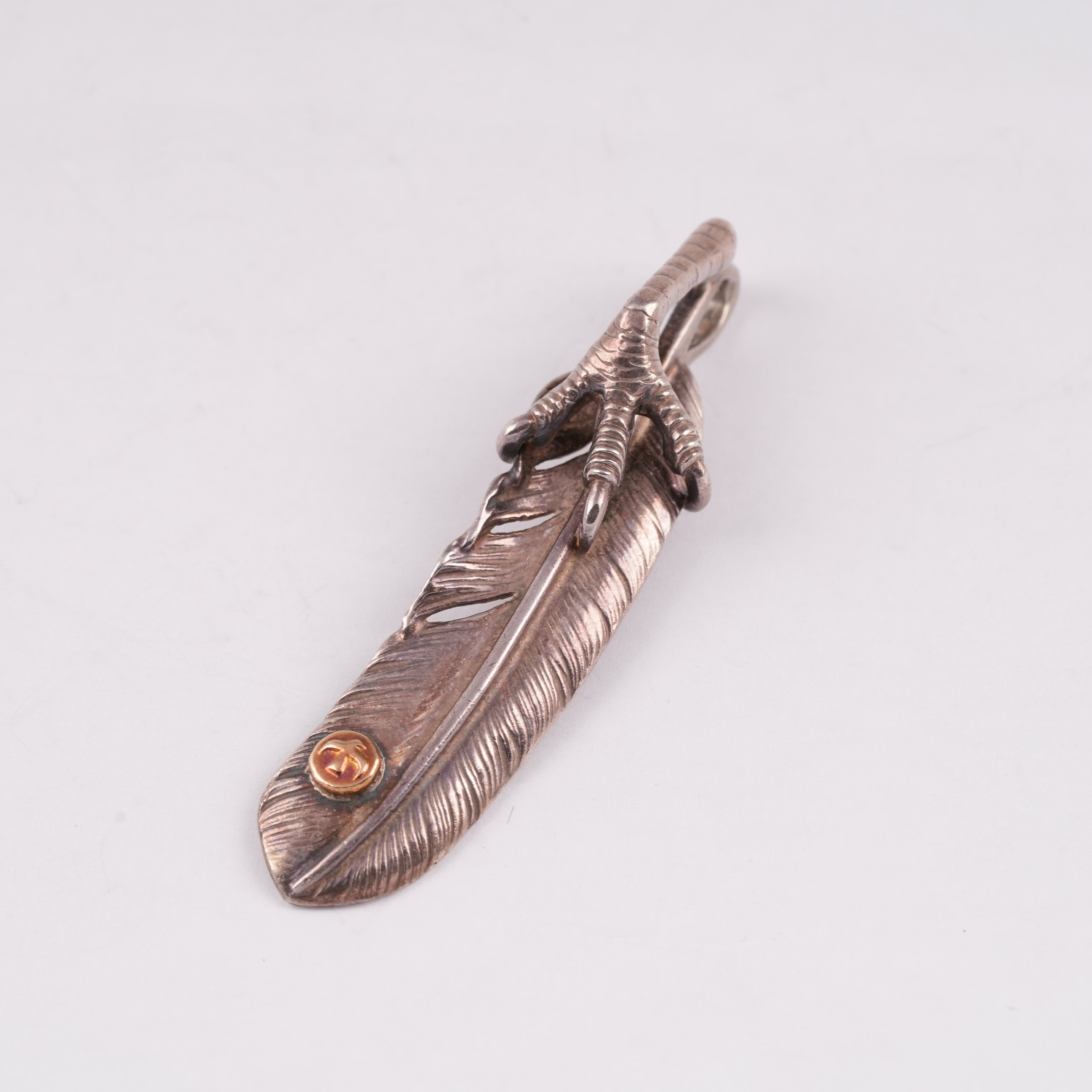 Claw Silver Feather w/ Gold Stamp Pendant (Right)(XL)