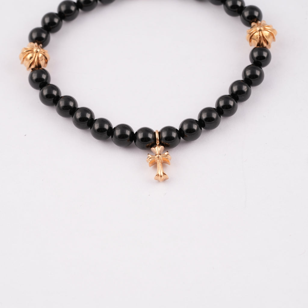 22k Stack Cross & 3 Beads Obsidian Bracelet