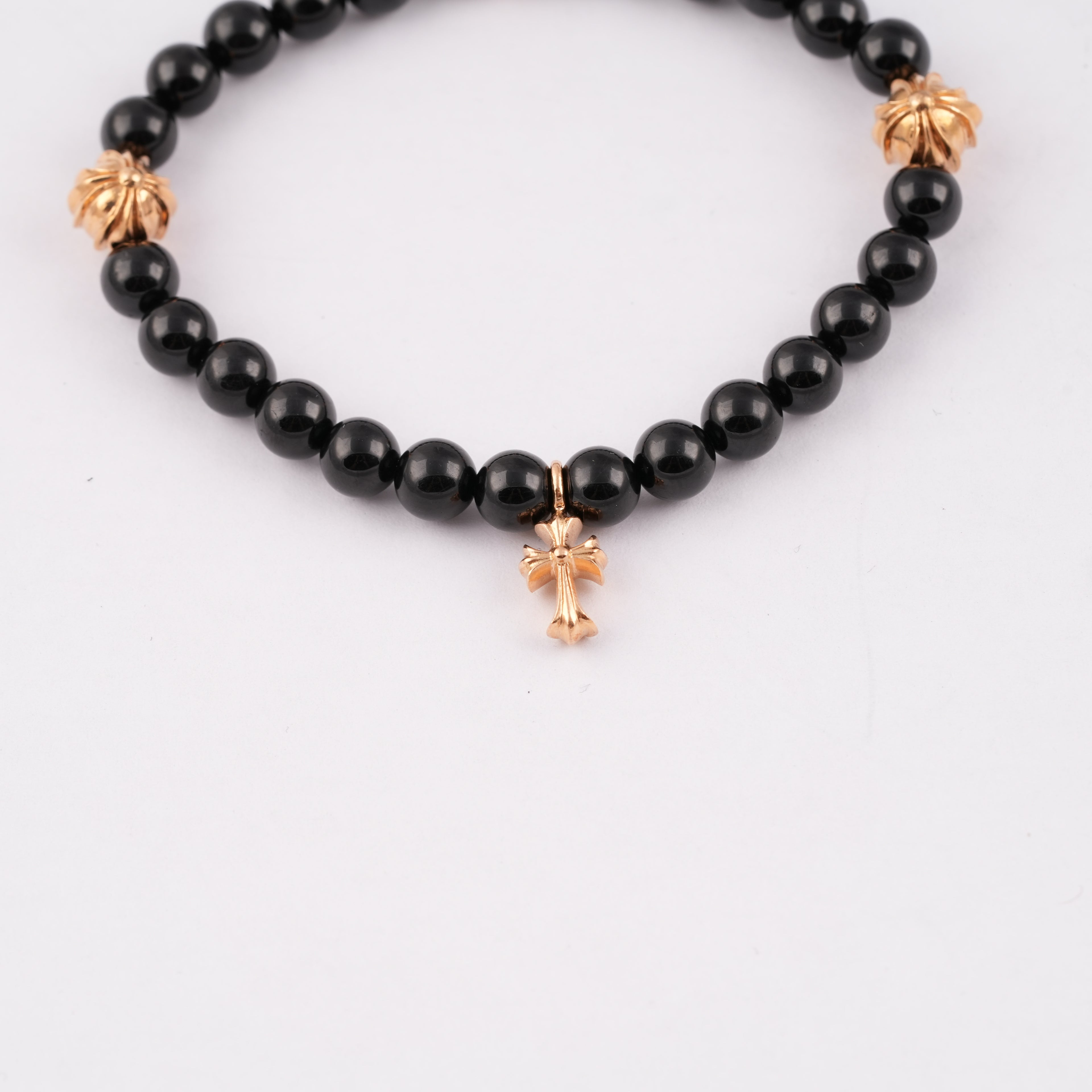 22k Stack Cross & 3 Beads Obsidian Bracelet