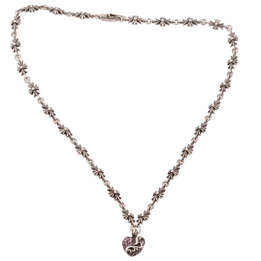 Pave Pink Sapphire Silver Heart + Tiny E Integrated Necklace (15.5inch) — Chrome Hearts · corner:01295/DSC08806.JPG