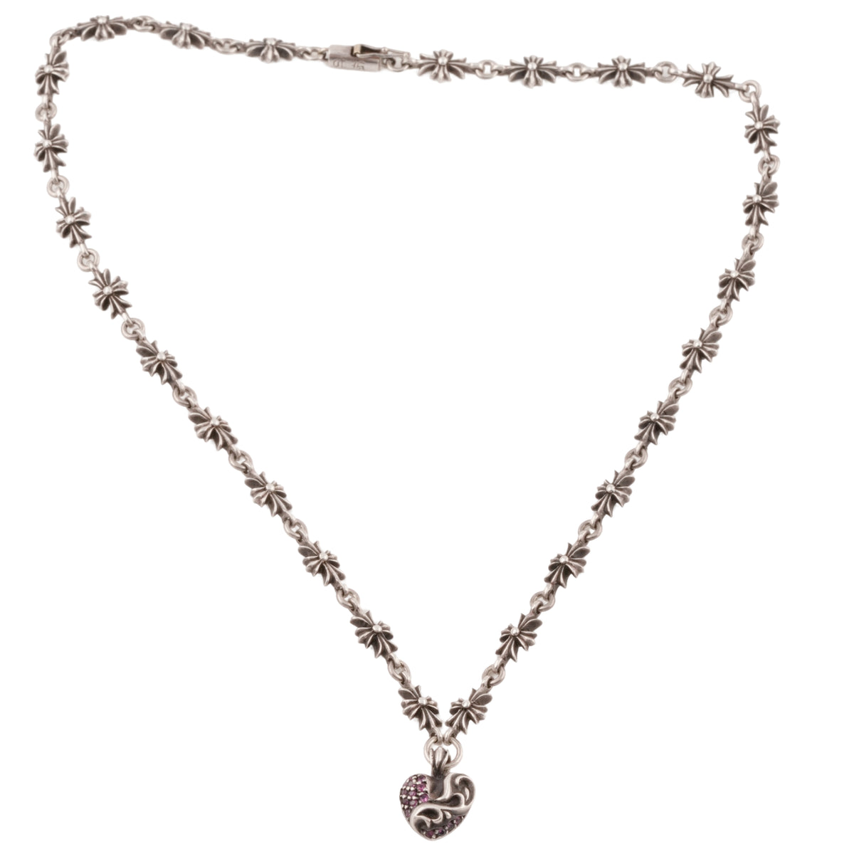 Pave Pink Sapphire Silver Heart + Tiny E Integrated Necklace (15.5inch) — Chrome Hearts · corner:01295/DSC08806.JPG