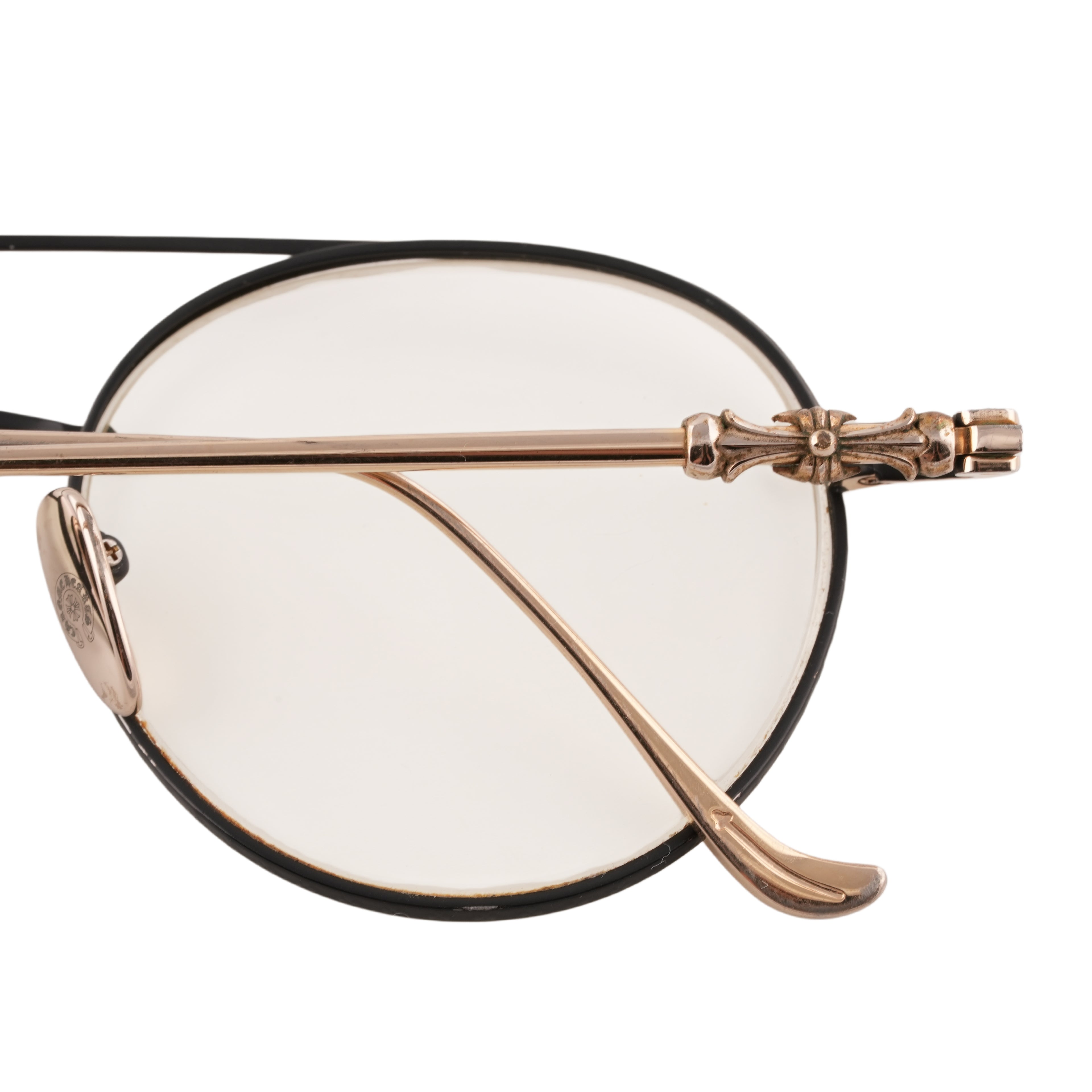 Dylan Took It > Black and rose gold aviator-style eyeglasses with cross motif temple