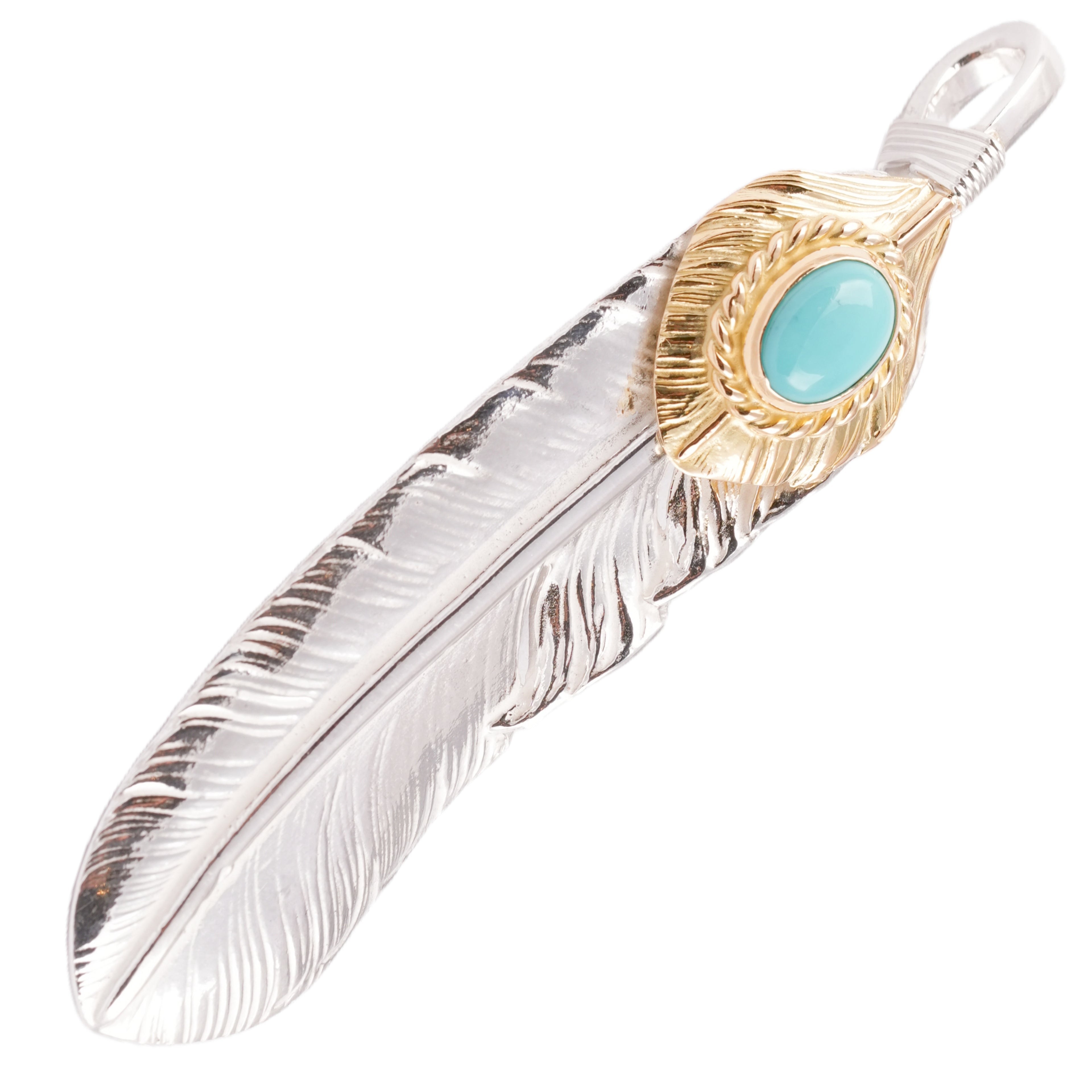 Gold Top & Rope-Bezel Turquoise Silver Feather (Left)(XL) #00167