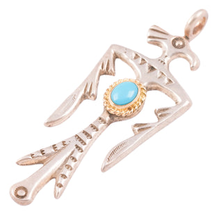 Gold Rope-Bezel Turquoise Silver Roadrunner Pendant