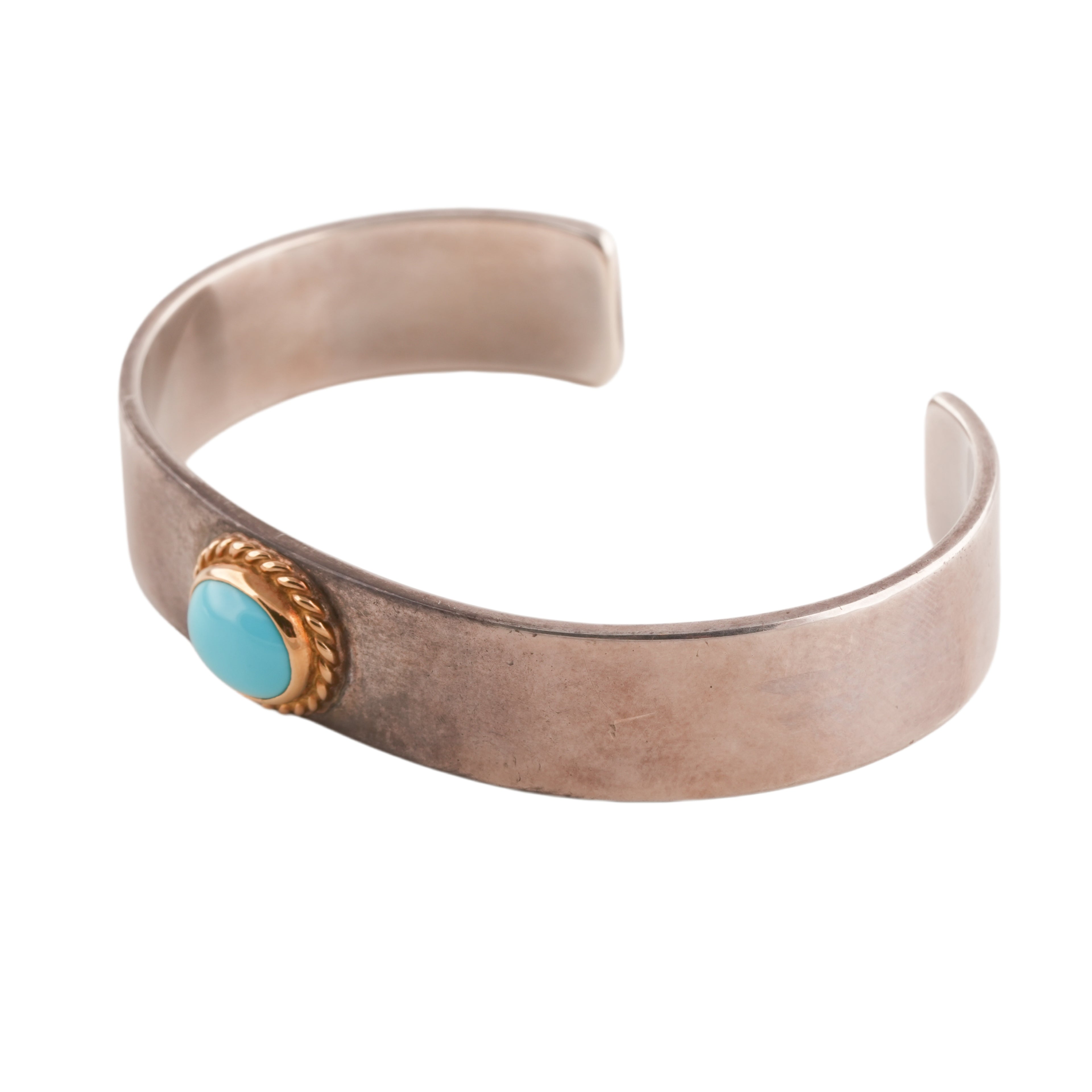 Gold Rope-Bezel Turquoise Flat Silver Cuff (M) (7inch)