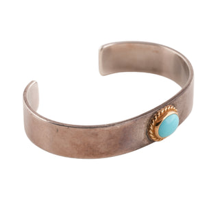 Gold Rope-Bezel Turquoise Flat Silver Cuff (M) (7inch)