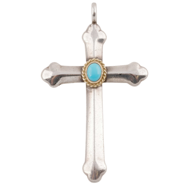 Small Gold Rope-Bezel Turquoise Silver Cross