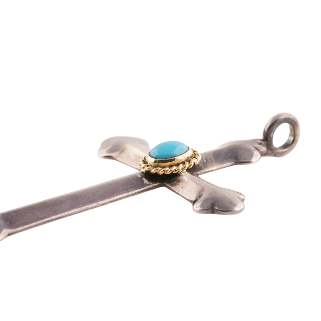 Small Gold Rope-Bezel Turquoise Silver Cross