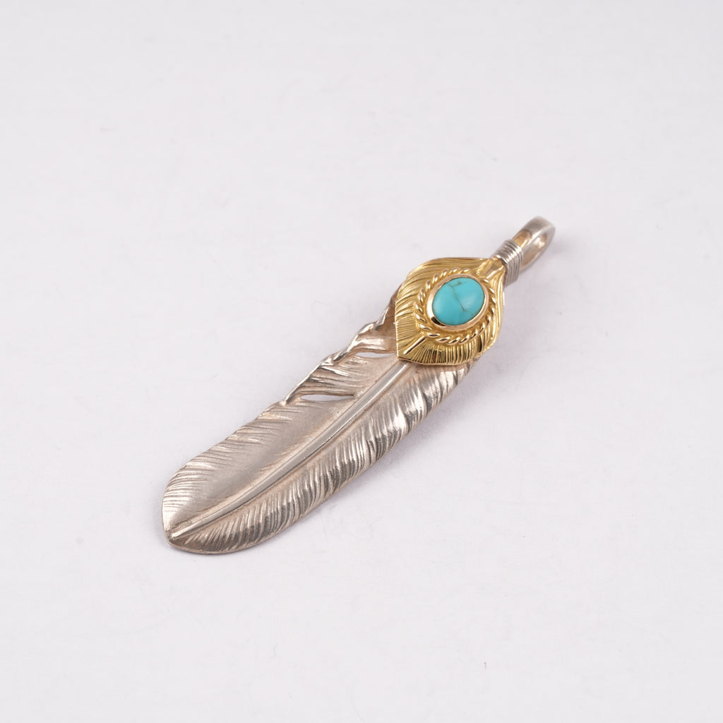Gold Top & Rope-Bezel Turquoise Silver Feather Pendant (Right)(XL)