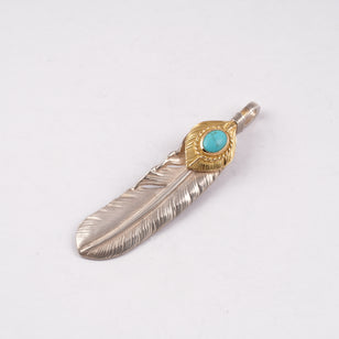 Gold Top & Rope-Bezel Turquoise Silver Feather Pendant (Right)(XL)