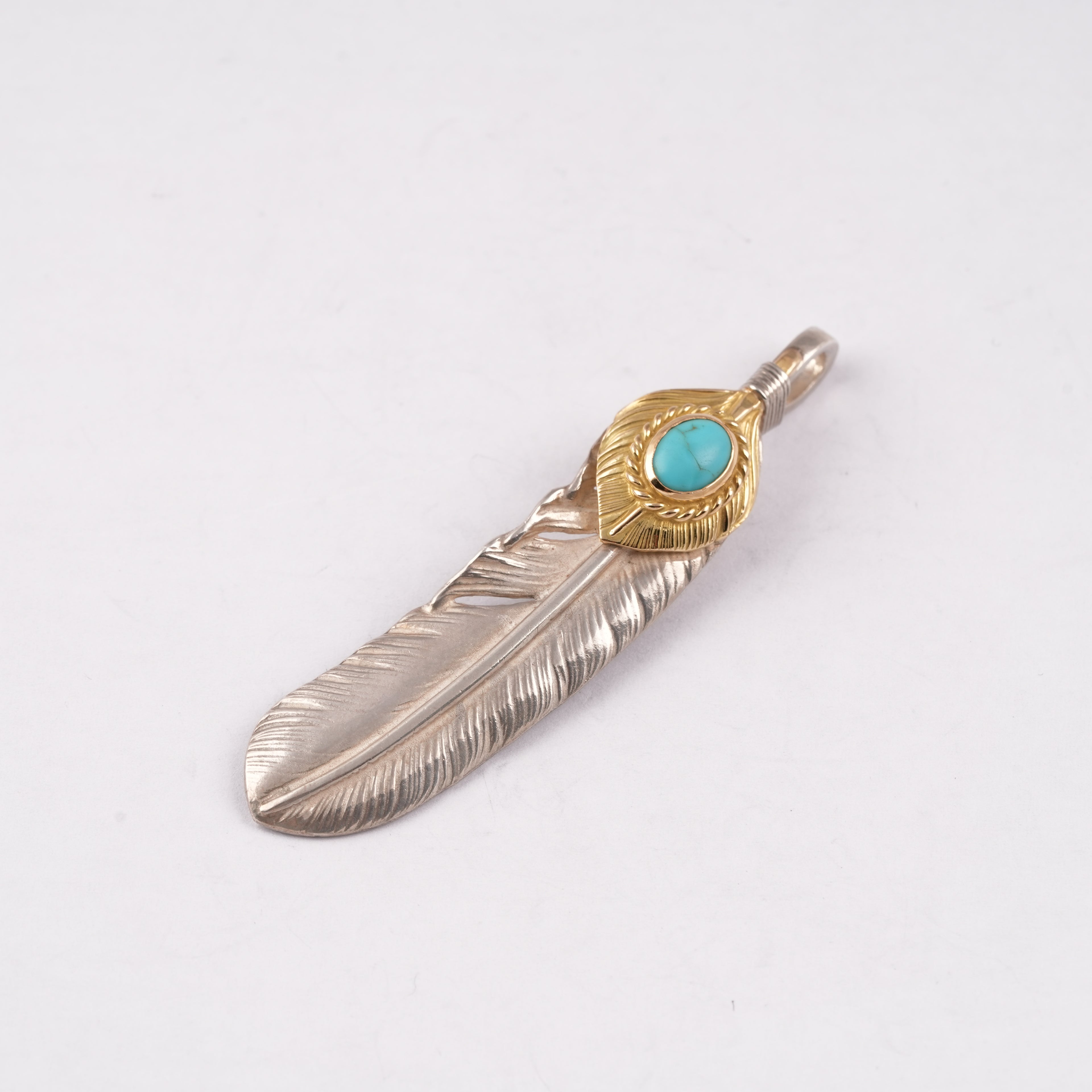 Gold Top & Rope-Bezel Turquoise Silver Feather Pendant (Right)(XL)