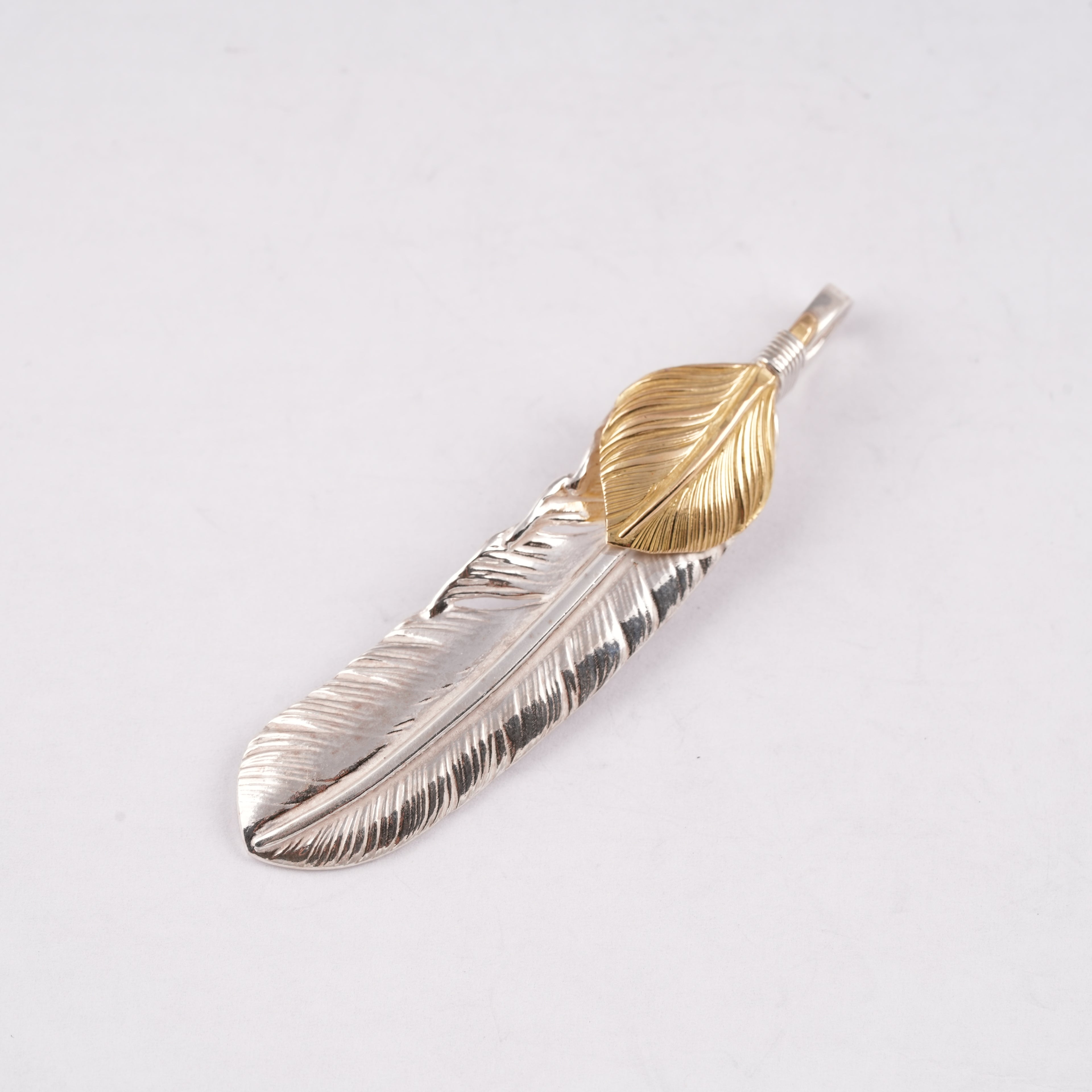 Gold Top Silver Feather Pendant (Right)(XL)