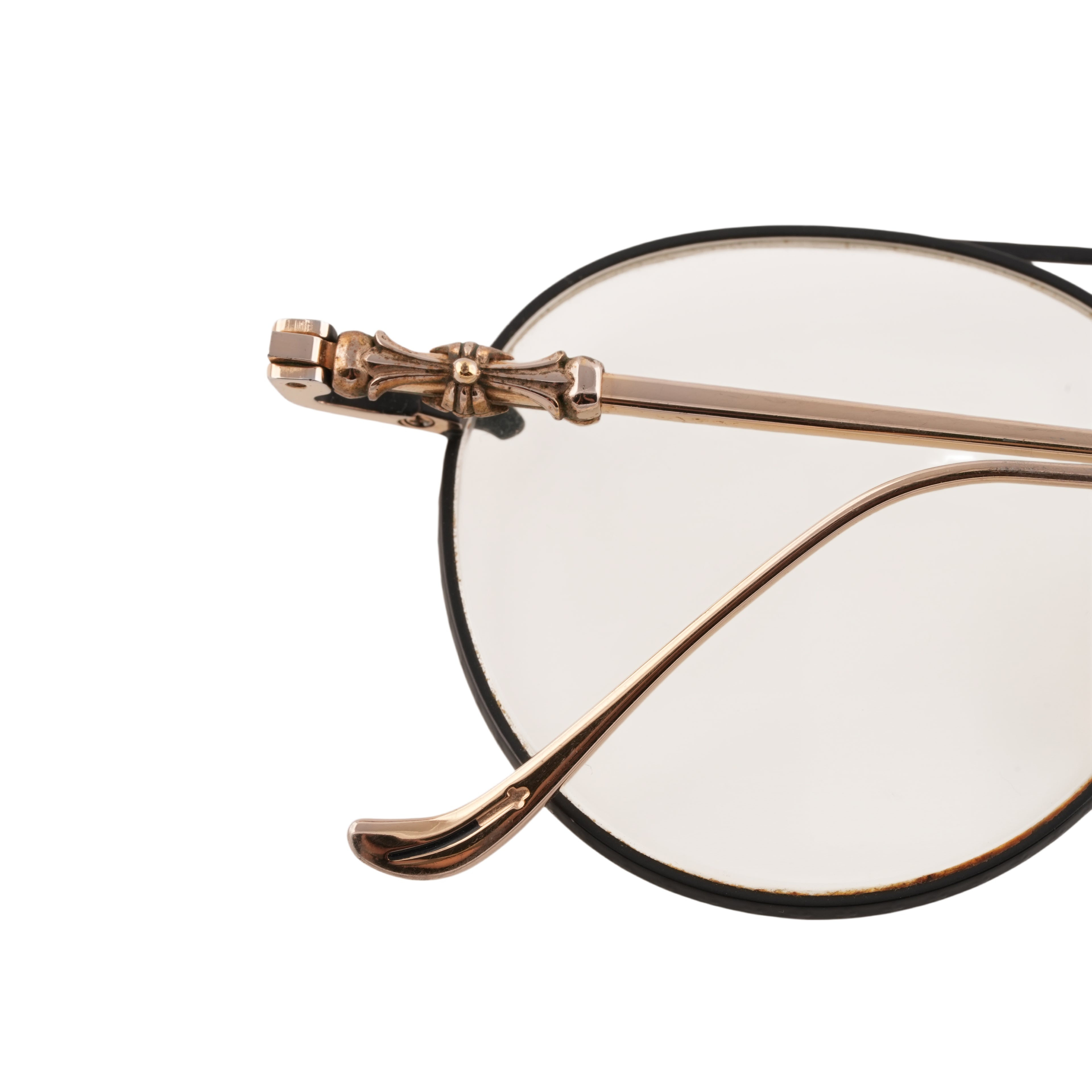 Dylan Took It > Black and rose gold aviator-style eyeglasses with cross motif temple