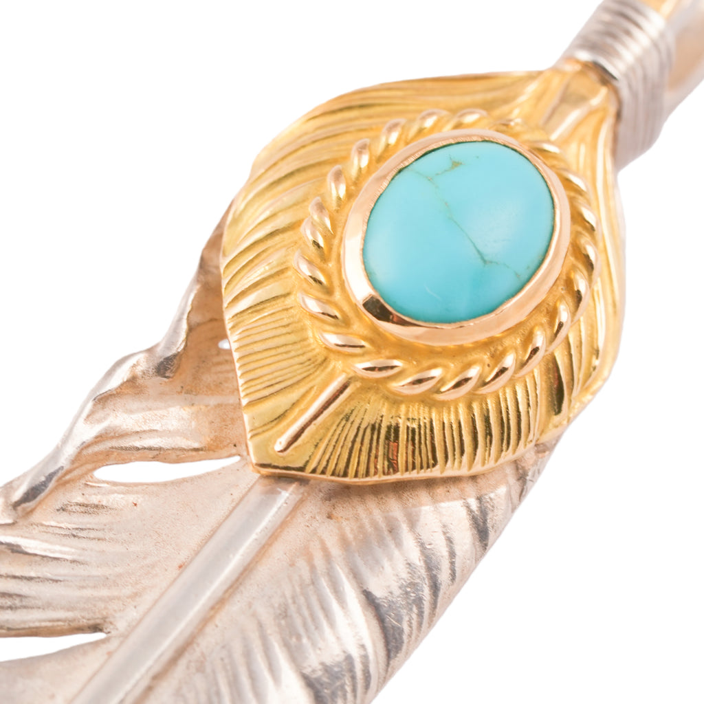 Gold Top & Rope-Bezel Turquoise Silver Feather Pendant (Right)(XL)
