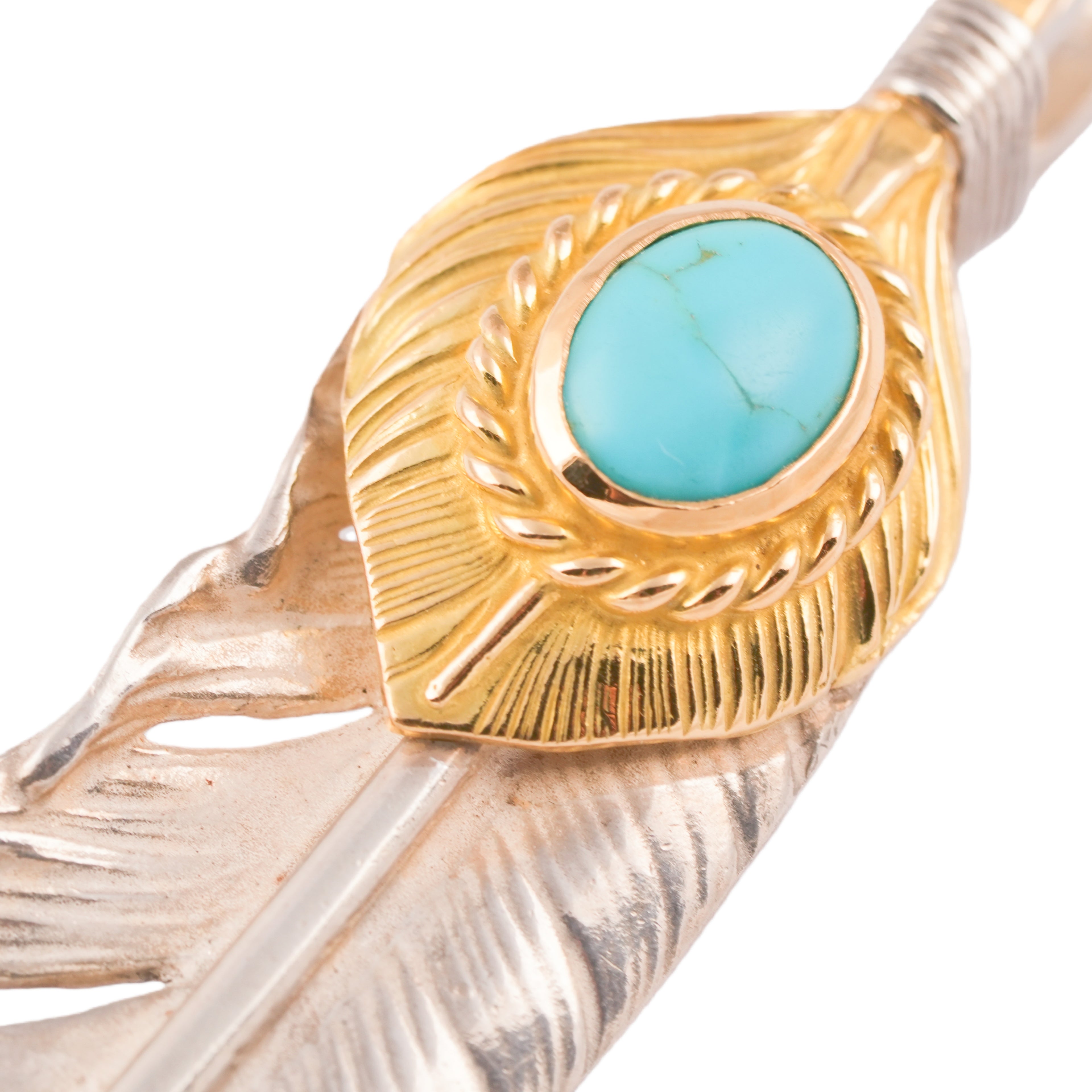 Gold Top & Rope-Bezel Turquoise Silver Feather Pendant (Right)(XL)
