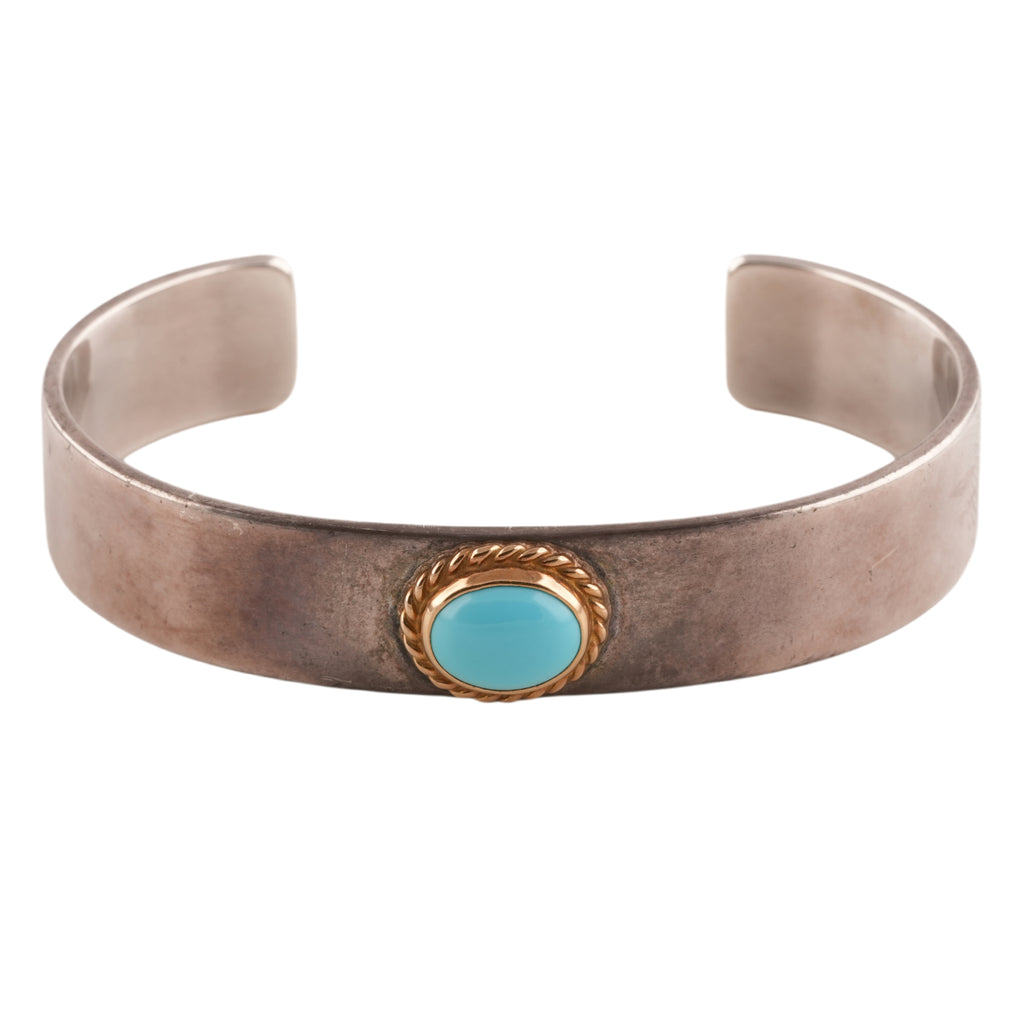 Gold Rope-Bezel Turquoise Flat Silver Cuff (M) (7inch)