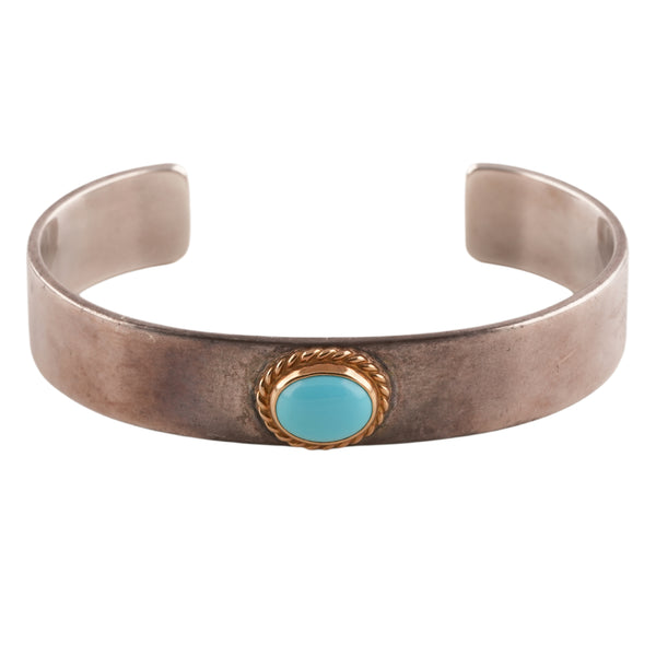 Gold Rope-Bezel Turquoise Flat Silver Cuff (M) (7inch)