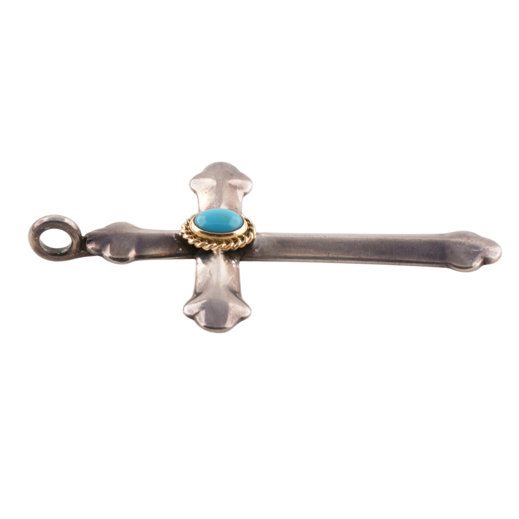 Small Gold Rope-Bezel Turquoise Silver Cross