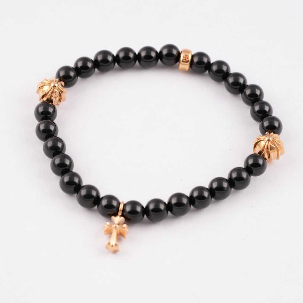 22k Stack Cross & 3 Beads Obsidian Bracelet