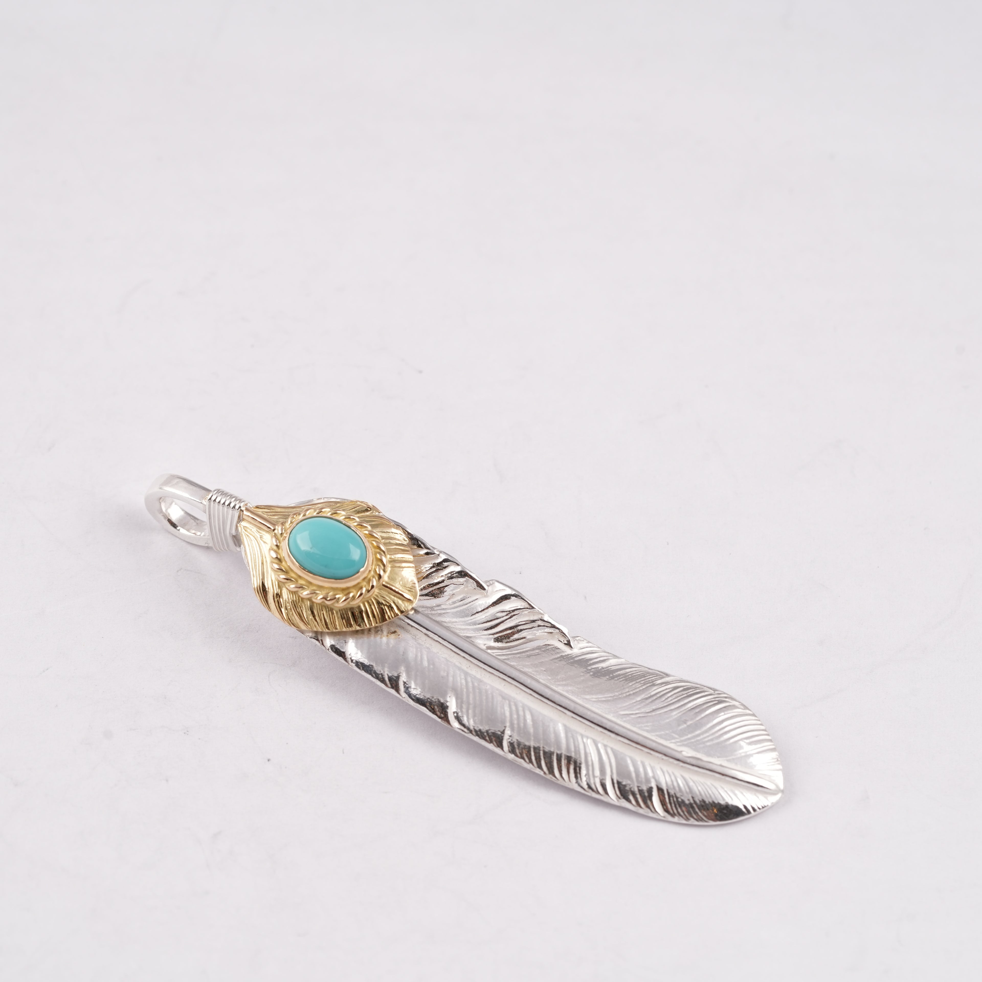 Gold Top & Rope-Bezel Turquoise Silver Feather (Left)(XL) #00167