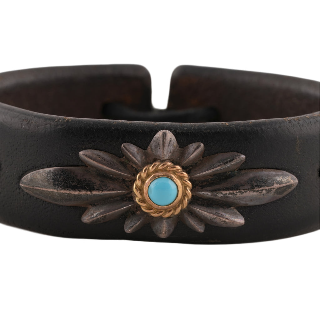 Gold Rope-Bezel Turquoise GC24 3-Concho Leather Bracelet