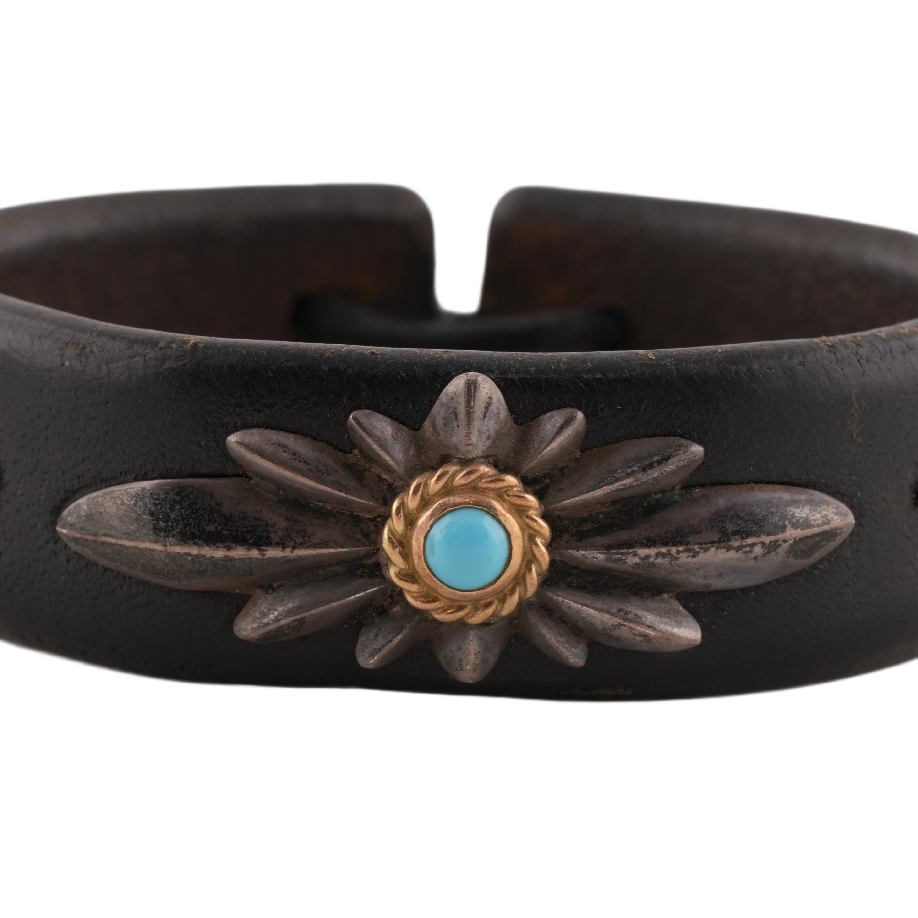 Gold Rope-Bezel Turquoise GC24 3-Concho Leather Bracelet
